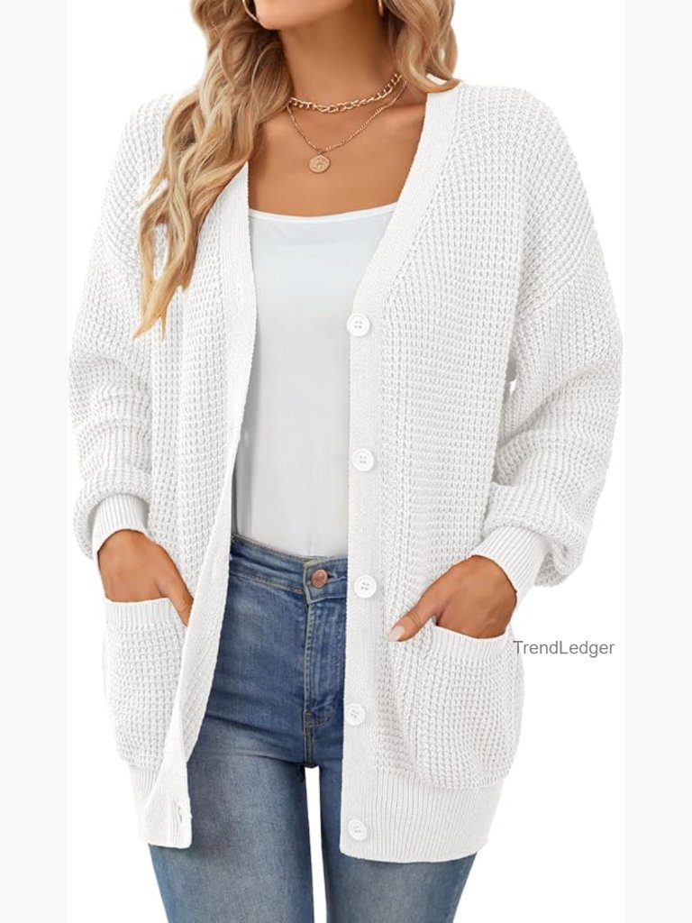 100% Cotton Oversized Button-Down Knit Cardigan With Pockets